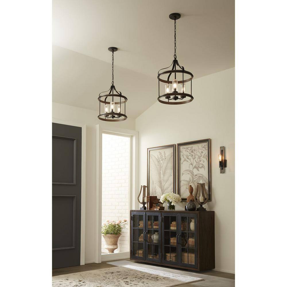 Brenham Matte Black 3-Light Farmhouse Pendant with Seeded Glass