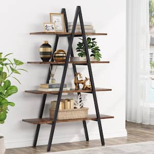 Eulas 65 in. Rustic Brown Wood 4-Shelf Ladder Bookcase, A-Shaped Bookcase Leaning Plant Stand Storage Rack