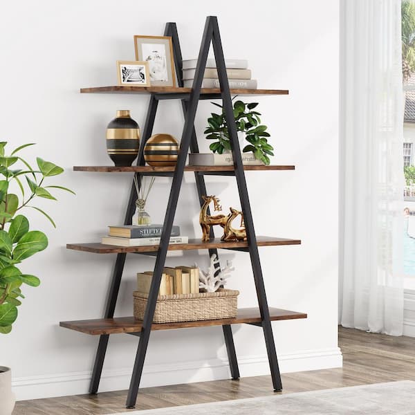 BYBLIGHT Eulas 65 in. Rustic Brown Wood 4-Shelf Ladder Bookcase, A-Shaped Bookcase Leaning Plant Stand Storage Rack