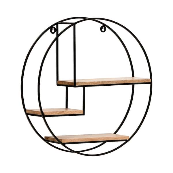 MH LONDON Marly (4.75 in x 19.5 in x 19.5 in) - Black & Natural Wood - Iron & Wood - Floating Decorative Round Wall Shelf