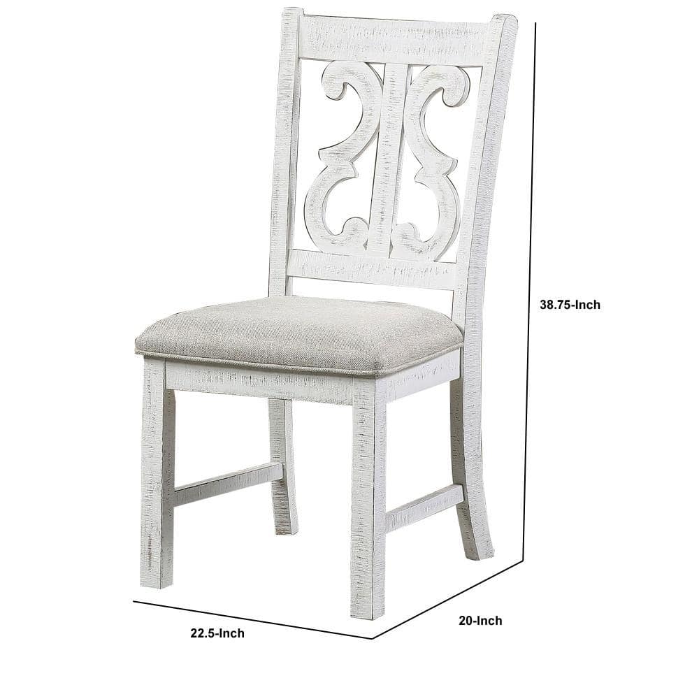 Elegant Linen Upholstered White Wood Side Chair with Open Scroll Back - Set of 2