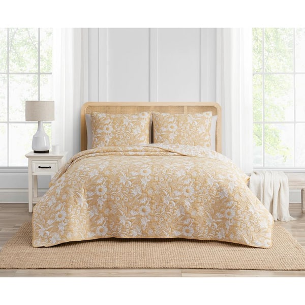 Sunflower Botanical Ochre 3-Piece All-Season Soft Woven Matelasse Jacquard Reversible Cotton Blend Quilt Set - F/Q