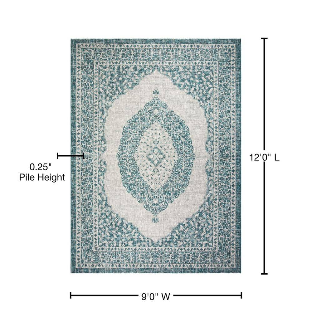 Light Gray and Teal 9' x 12' Easy-Care Synthetic Area Rug
