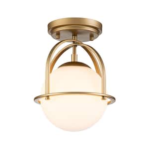 Fragoso 8.66 in. 1-Light Brass Semi Flush Mount Light with Opal Glass