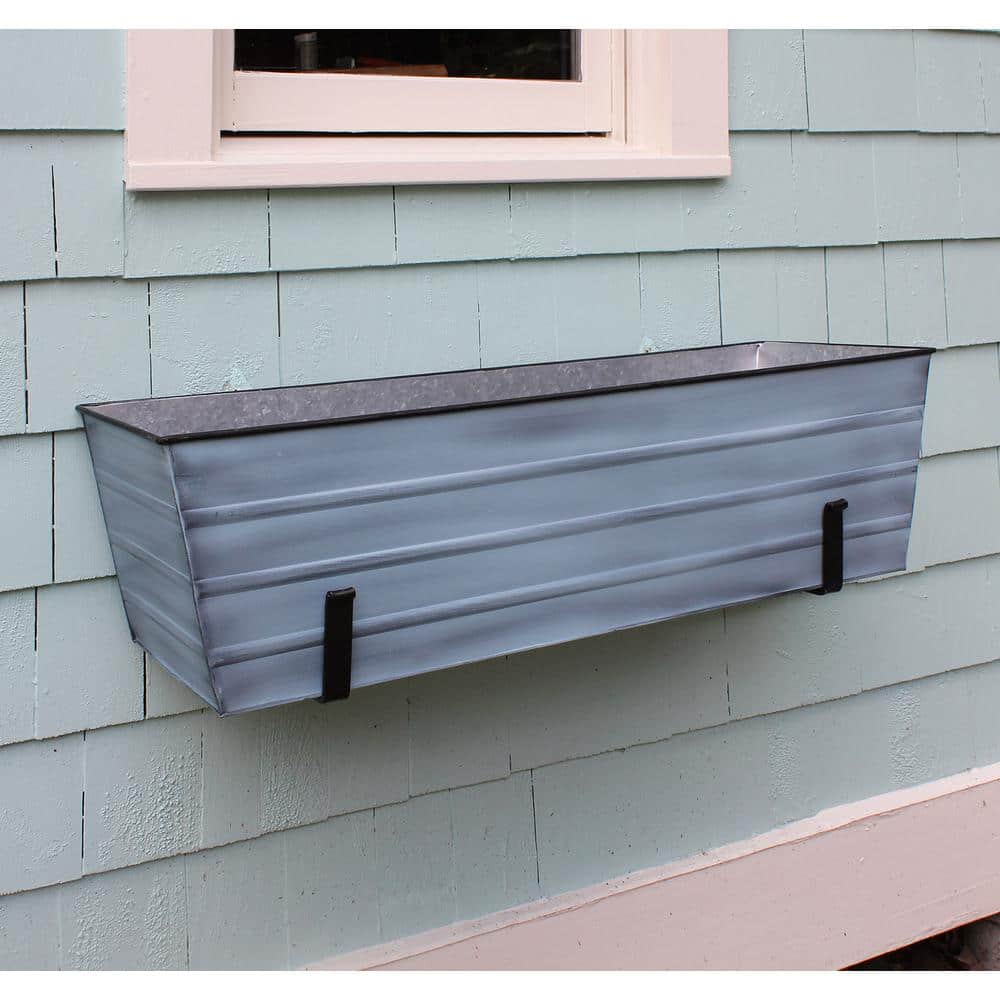 Large Blue Galvanized Steel Flower Box with Wall Brackets