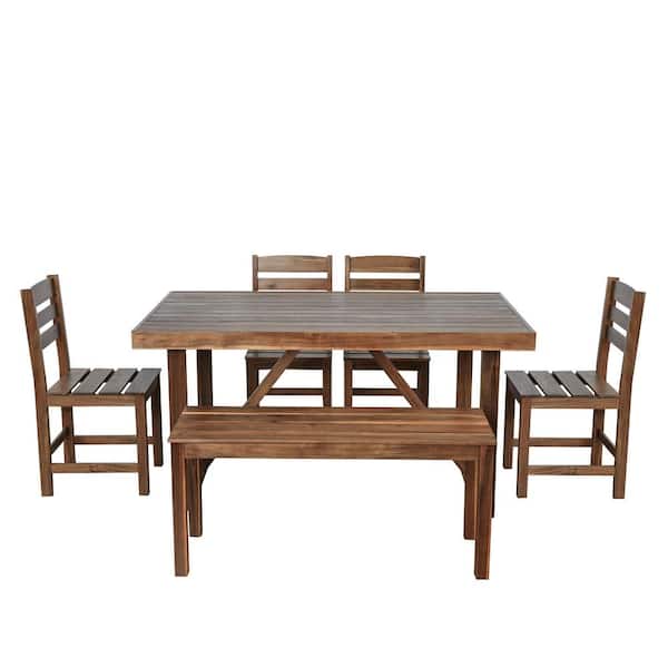Angel Sar 6-Piece Dark Brown Acacia Wood Outdoor Dinning Set with Rectangle Table for for Balcony Backyard