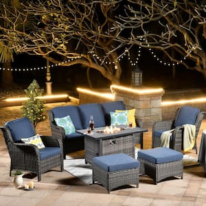 Moonset Gray 6-Piece Wicker Outdoor Patio Rectangular Fire Pit Seating Sofa Set and with Denim Blue Cushions