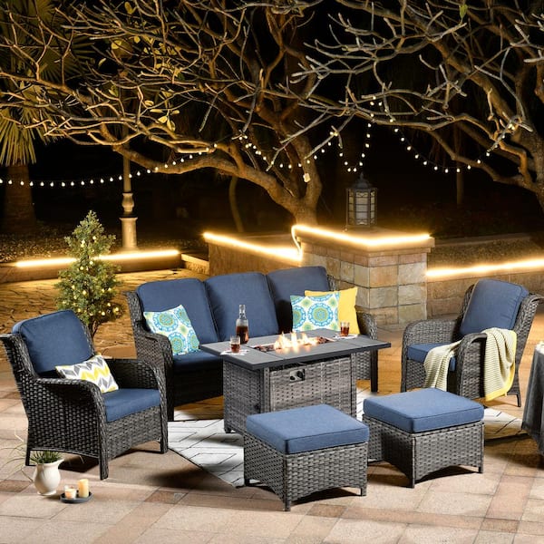 XIZZI Moonset Gray 6-Piece Wicker Outdoor Patio Rectangular Fire Pit Seating Sofa Set and with Denim Blue Cushions