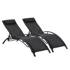 72 in. Outdoor Lounge Chair Lounger Recliner Chair for Patio Lawn Beach Pool Side Sunbathing in Black Set of 2