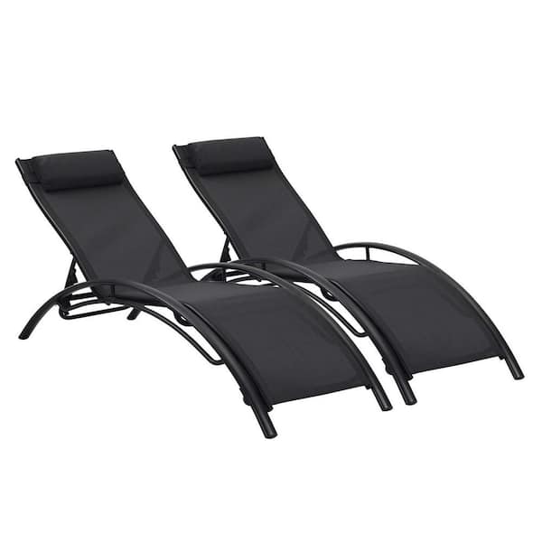 Zeus & Ruta 72 in. Outdoor Lounge Chair Lounger Recliner Chair for Patio Lawn Beach Pool Side Sunbathing in Black Set of 2