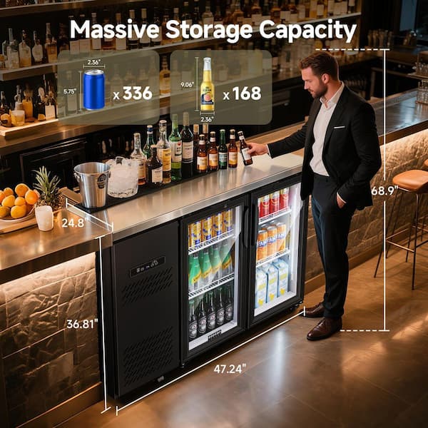 47 in. 10.9 cu. ft. Commercial Glass Door Back Bar Refrigerator with Side Compressor in Black, ETL Certified