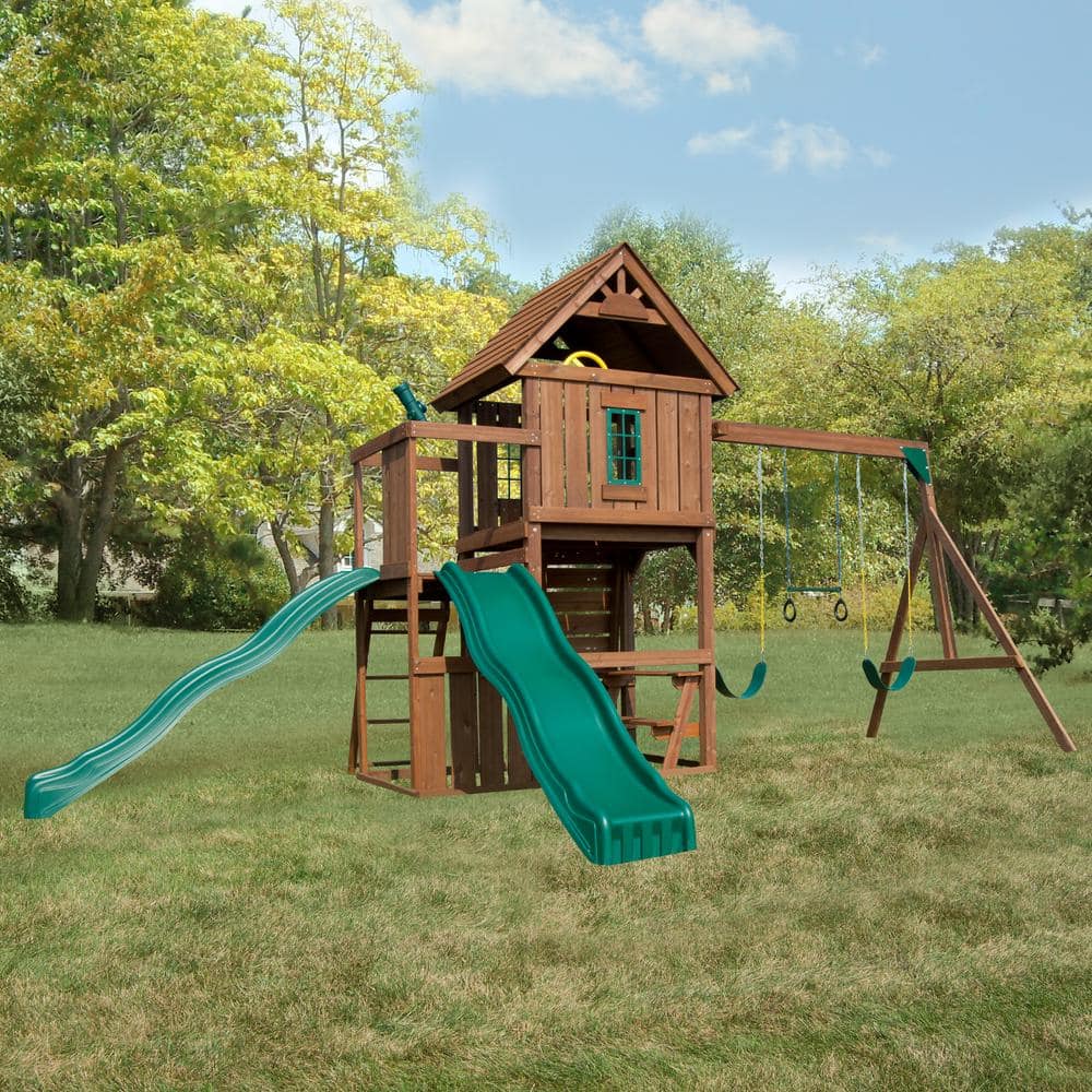 Monteagle Wooden Outdoor Swing Set with Wave Slides and Swings