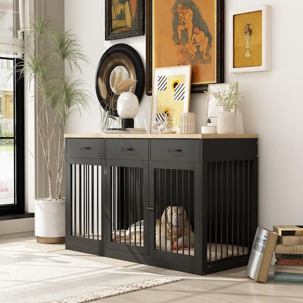 Large Dog House Furniture Style Dog Cage Storage Cabinet, Dog Crate with 3 Drawers for Medium Small Dogs, Black
