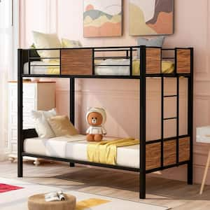 Brown Twin Over Twin Size Steel Frame Bunk Bed with Wooden Headboard and Footboard