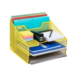 Network Collection, 5-Compartment, 3-Tier File Storage, 2 Vertical Compartments, Desktop Organizer, Metal, Yellow