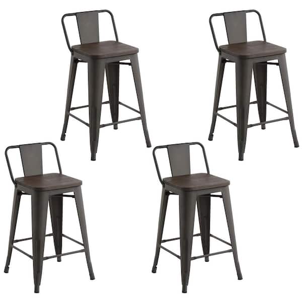 Homy Casa Vustu 31 in. Gun Low Back Metal Frame Counter Stool With Solid Wood Seat ( Set of 4)