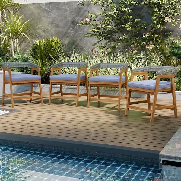Acacia Wood Outdoor Dining Chair Patio Chairs with Gray Cushion for Garden (4-Pack)