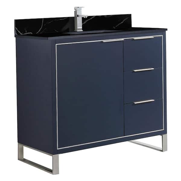 FINE FIXTURES Opulence 36 in. W x 18 in. D x 33.5 in. H Bath Vanity in Navy Blue with Black Marble Single sink Top