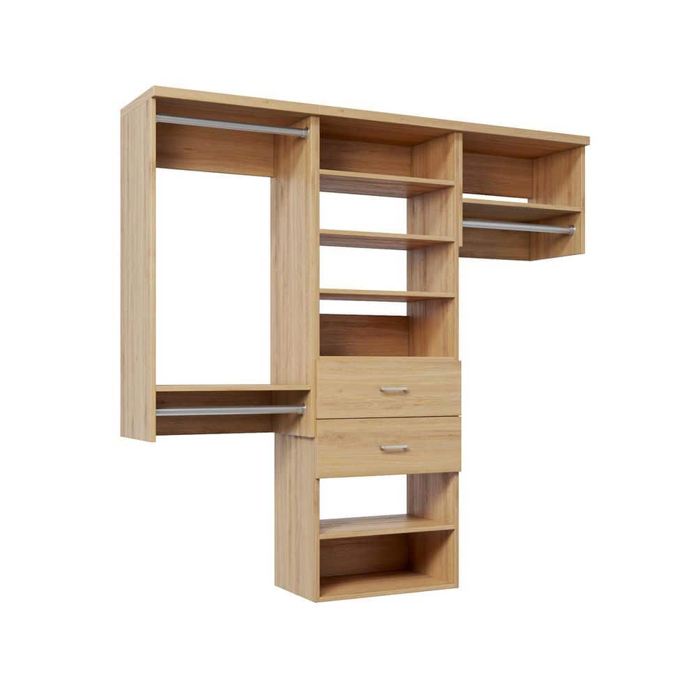 58.5 in. W Natural Oak Reach-in Wall-Mount 3-Rod 2-Slab-Drawers 7-Shelf Wood Closet System
