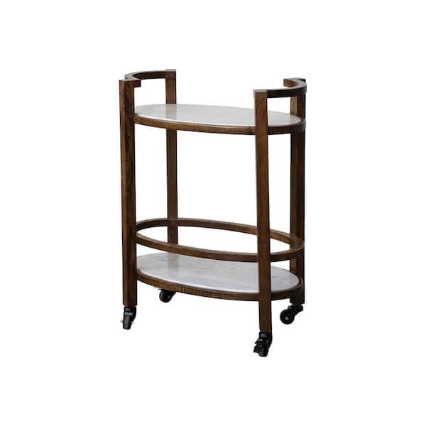 Storied Home Walnut Finish and White Mango Wood and Marble 2-Tier Bar Cart