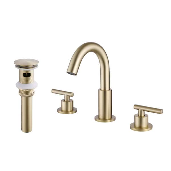 8 in. Widespread Double Handle Bathroom Faucet with Drain Assembly, 360° Swivel Spout Brass Sink Taps in Brushed Gold