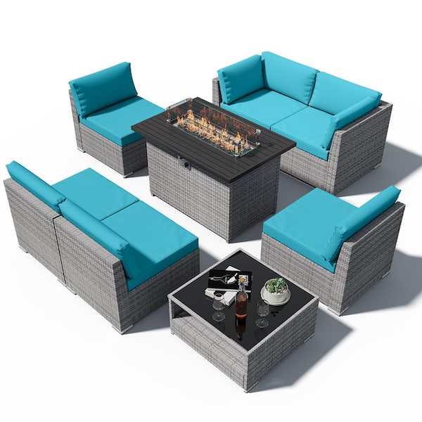 EAGLE PEAK 8-Piece Outdoor Wicker Patio Furniture Set with Fire Table and Coffee Table, Light Blue