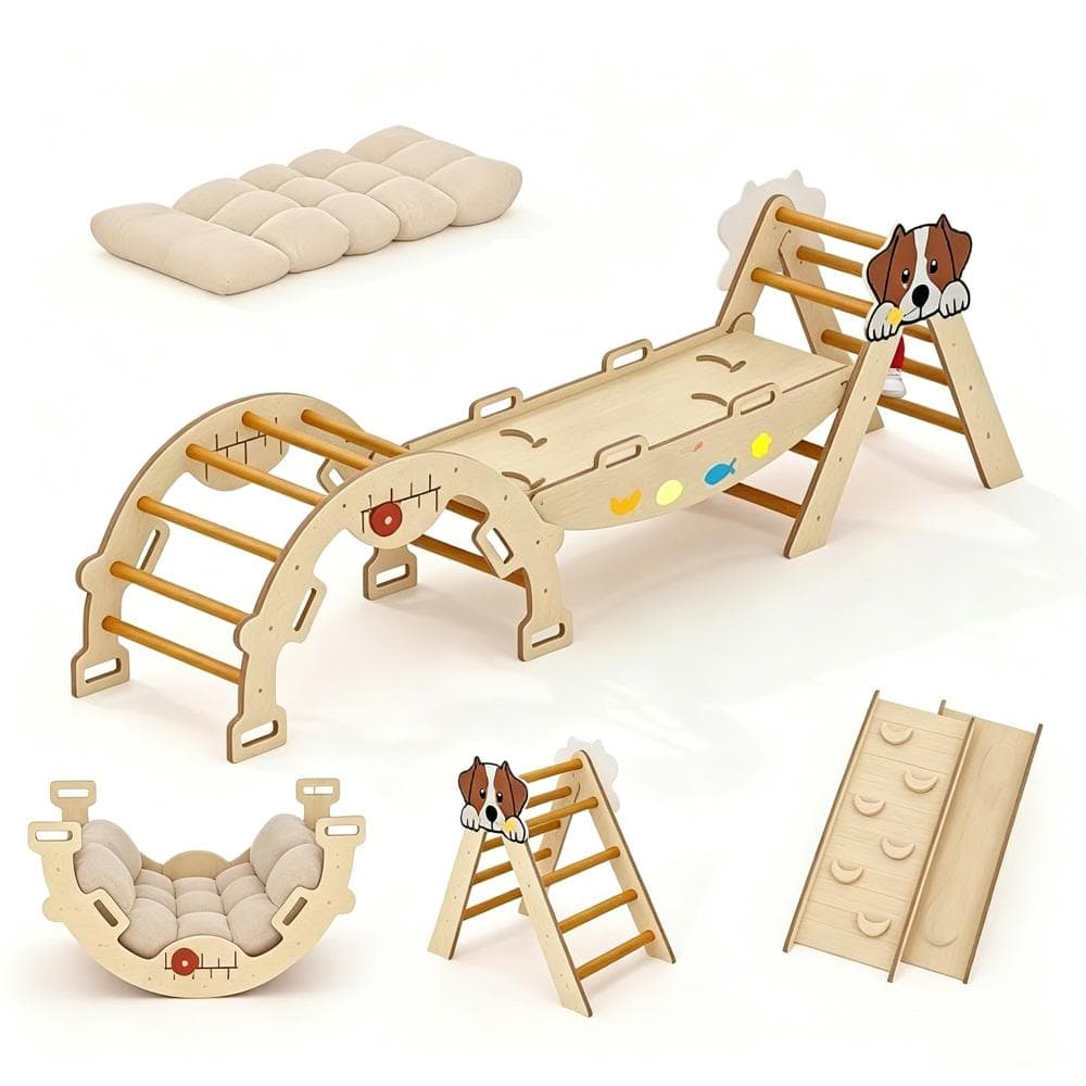 7-in-1 Foldable Wooden Pikler Triangle Set, Indoor Toddler Climbing Toys, Montessori Gym with Slide, Nature price history on PriceWatchPro