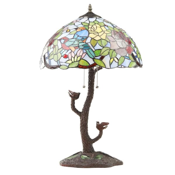 Ariana 26.75 in. Tan Tiffany Stained Glass Candlestick Table Lamp with Multicolor Shade