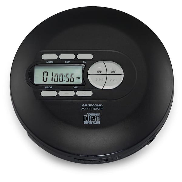 Anti-Skip CD Player with Wired Earbuds, DC Power Input and Battery Power, Equalizer Presets, Black