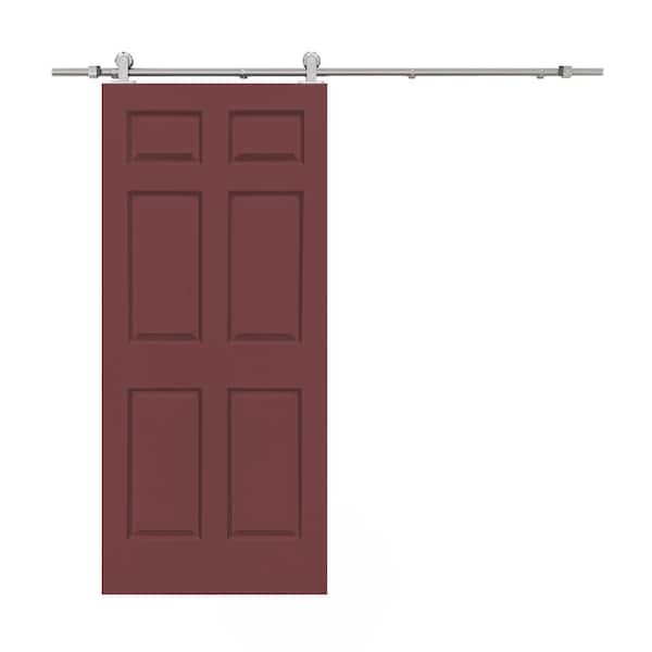 CALHOME 36 in. x 80 in. Maroon Stained Composite MDF 6-Panel Interior Sliding Barn Door with Hardware Kit