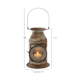 19 in. H Gray Metal Decorative Candle Lantern with Handle
