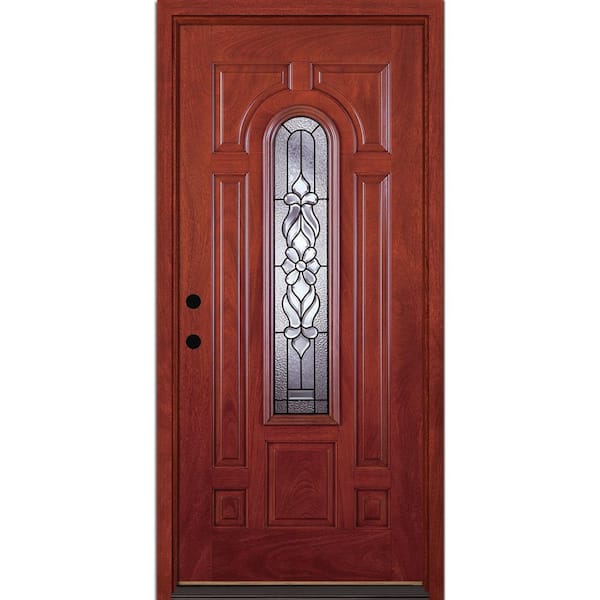 Feather River Doors 37.5 in. x 81.625 in. Lakewood Patina Center Arch Stained Cherry Mahogany Right-Hand In Fiberglass Prehung Front Door