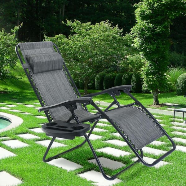 Outdoor Folding Zero Gravity Metal Reclining Lounge Chair in Gray