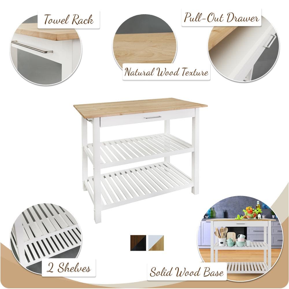 Sophisticated White Solid Wood Top Kitchen Island with Storage