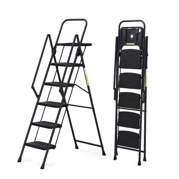 Unbranded Lightweight Step Stool, 5-Step Steel Portable Folding Step Ladder with Tool Tray and Wide Non Slip Pedals, 500 lbs. Load