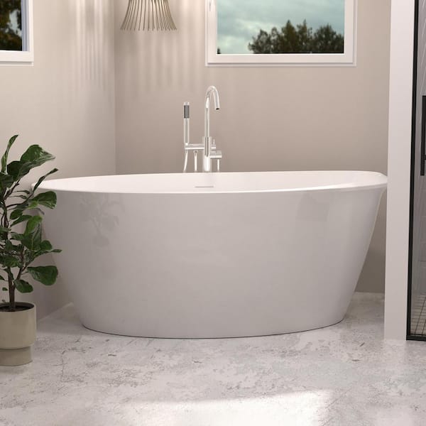 INSTER 59 in. Acrylic Oval Shaped Curve Edge Soaking Freestanding Flatbottom Non-Whirlpool Bathtub in Gloss White