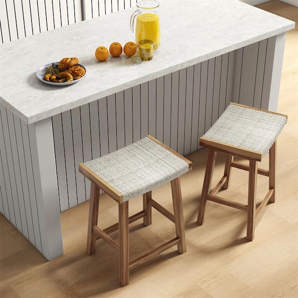 25.5 in. Wood Counter Height Bar Stools with Seagrass Woven Seat and Comfortable Footrests in Natural (Set of 2)