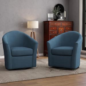 Blue Linen Upholstered 360° Swivel Barrel Accent Armchair with Metal Base(Set of 2)
