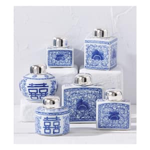 Canton Collection Ceramic/Brass Set of 6 Blue and White with Nickel-Plated Lid Tea Jars (Set of 6)