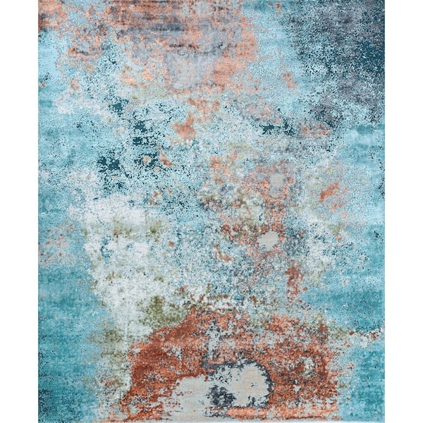 8 ft. x 10 ft. Aqua Blue and Bronze Abstract Hand Knotted Area Rug