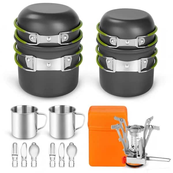 Camping 16 Piece Aluminum Nonstick Cookware Set, Lightweight Pot Pan Mini Stove with 2 Cups, Fork Spoon Kits forin Black