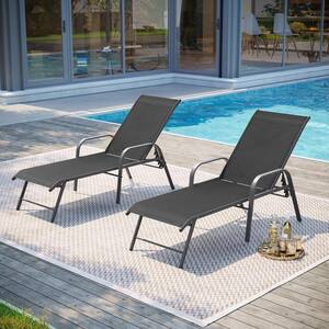 2-Piece Aluminum Adjustable Outdoor Patio Chaise Lounge with Armrest in Black