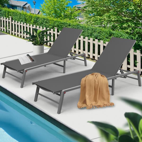 KOZYARD 2-Packs Outdoor Lounge Chair Foldable Lounge Chair with 5-Adjustable Backrest Patio Lounger Assemble-Free Recliner(Gray)