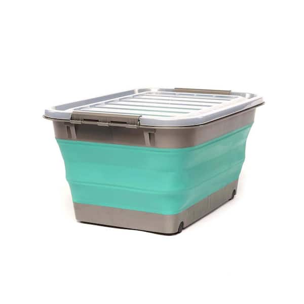 HOMZ Store N Stow 12-Gal. Collapsible Storage Container with Wheels in. Grey and Teal Base with Clear Lid (4-Pack)