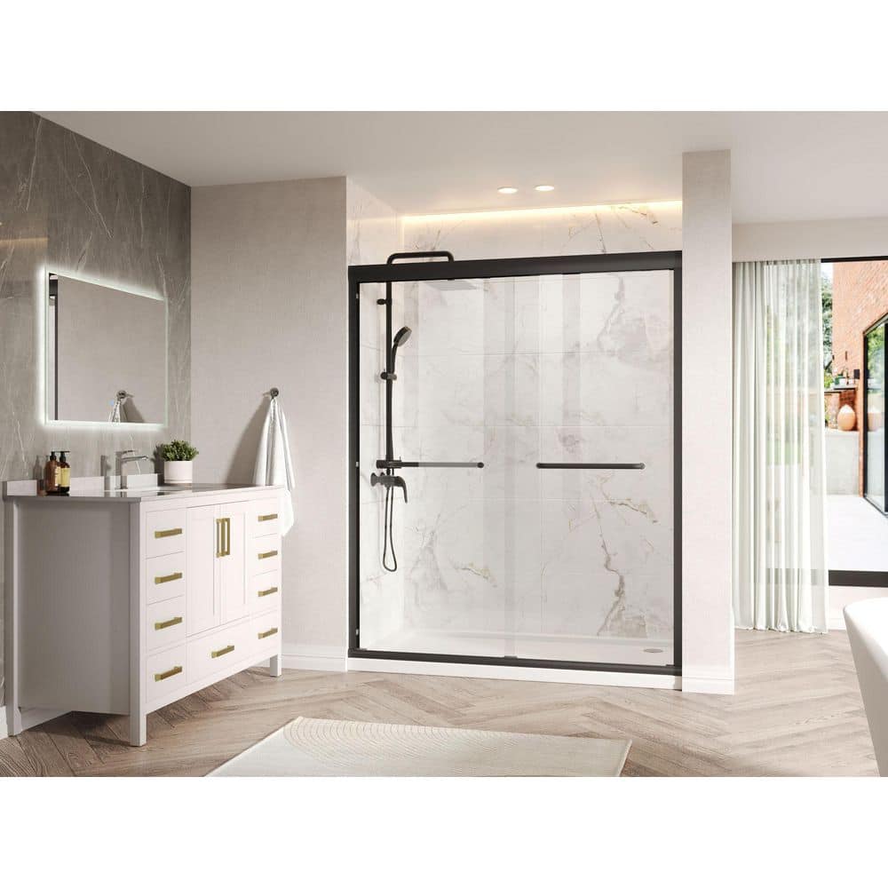 60-Inch Matte Black Aluminum Double Sliding Shower Door with Clear Glass