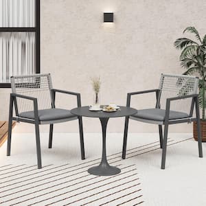 Black Aluminum Frame Outdoor Patio Dining Chairs with Grey Cushions (2-Pack)