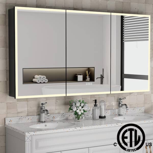 Flora 60 in. W x 32 in. H Rectangular Aluminum Black Recessed Medicine Cabinet with Mirror and Light