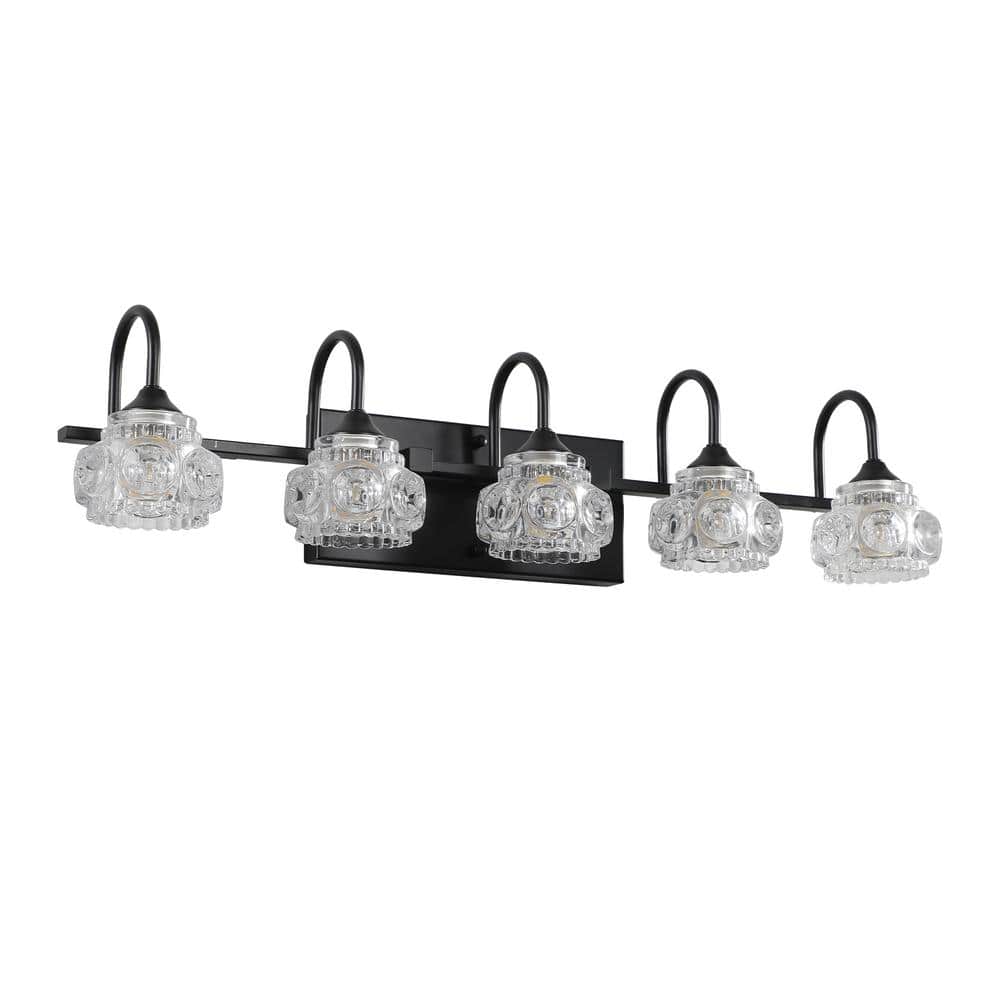 29 in. 5 Light Black Bathroom Wall Mounted Vanity Light with Crystal Glass 
