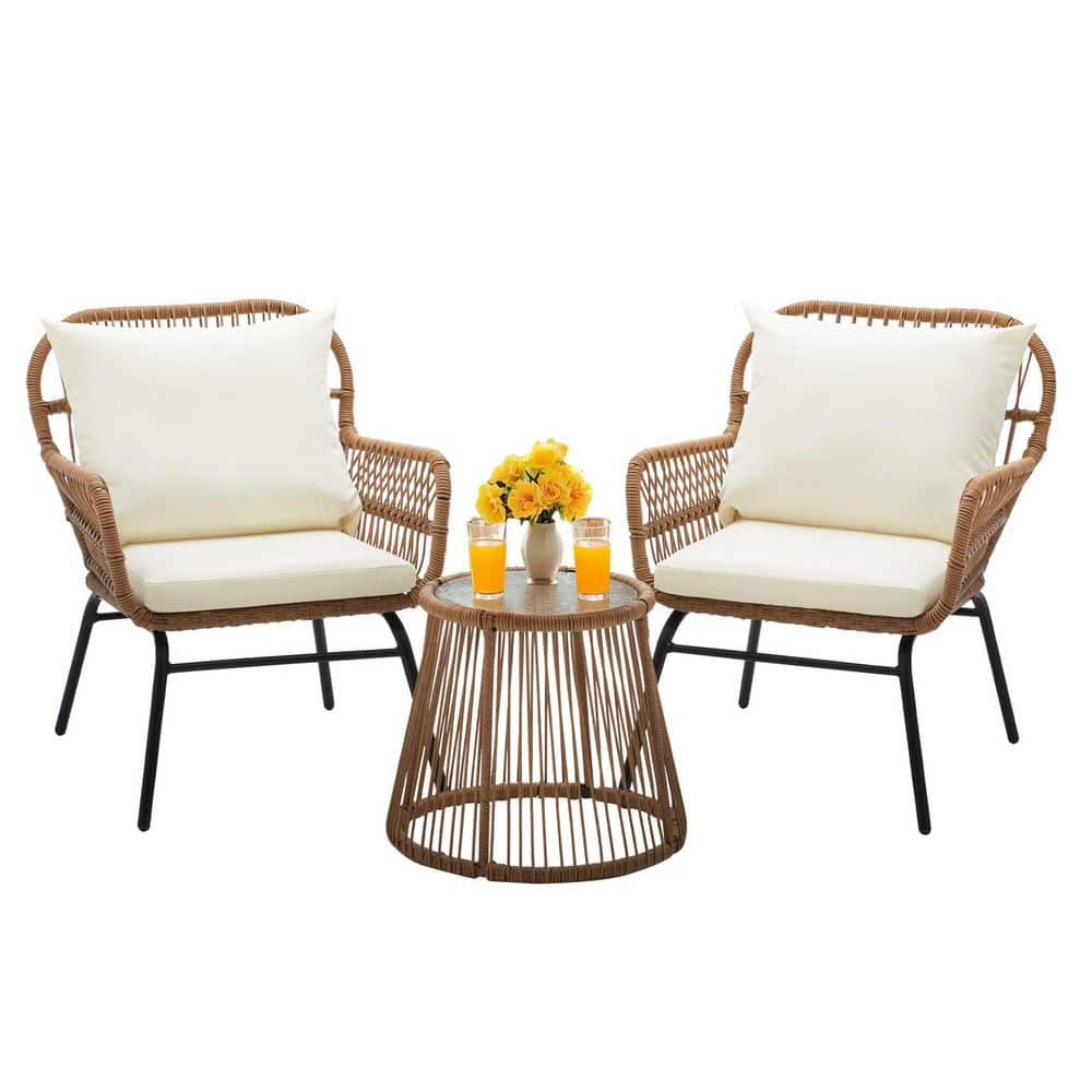 Bezseller Outdoor Beige 3-Piece Wicker Furniture Set, Outdoor Bistro Patio Set with Black Cushions for Garden, Balcony, Backyard BS-BSOT003BG