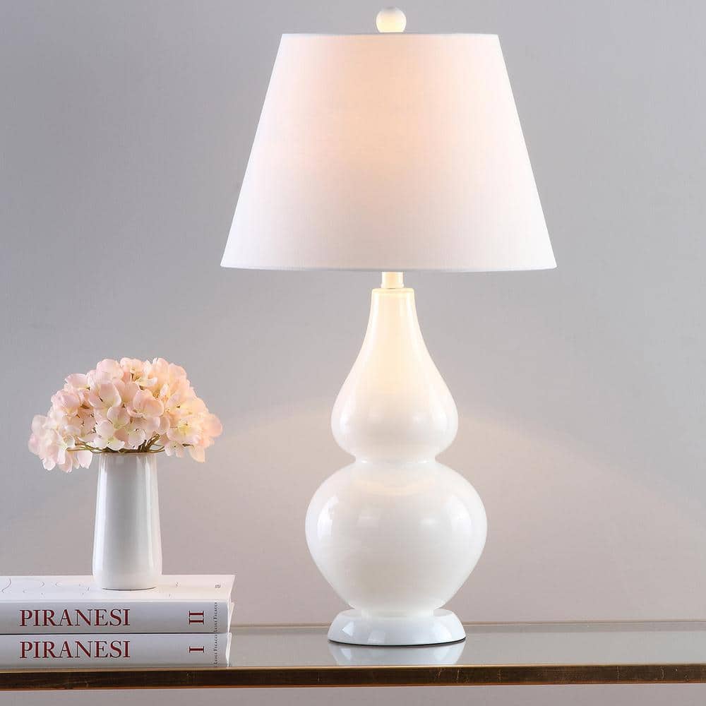 Cybil White Glass Double Gourd Nightstand Lamp Set with Cotton Shade